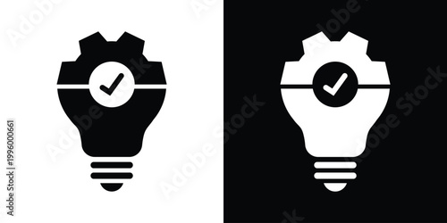 Icon featuring a light bulb, gear, and checkmark. Symbolizes tested innovation, successful technical solutions, verified development, and optimized creative processes. Vector graphic.