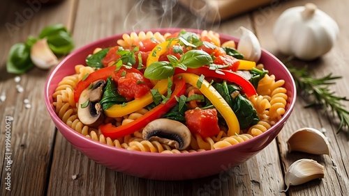 Delicious pasta salad with vegetables in a pink bowl on table