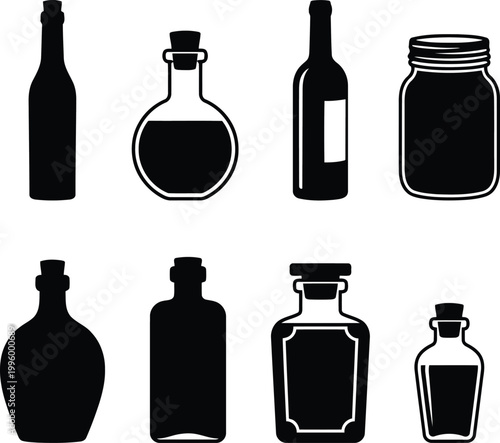 Assorted bottles and jar with containers, contents vector illustration.