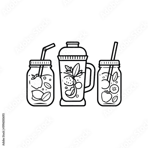 Fresh fruit infused drinks in colorful mason jars with straws on a white background