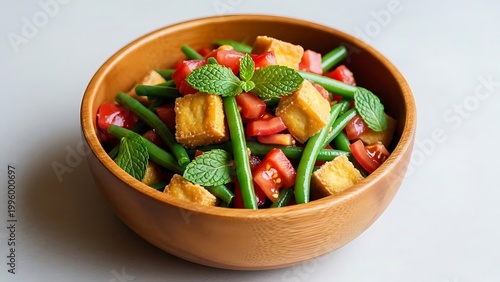 Delicious vegetable salad in a wooden bowl with fresh mint leaves