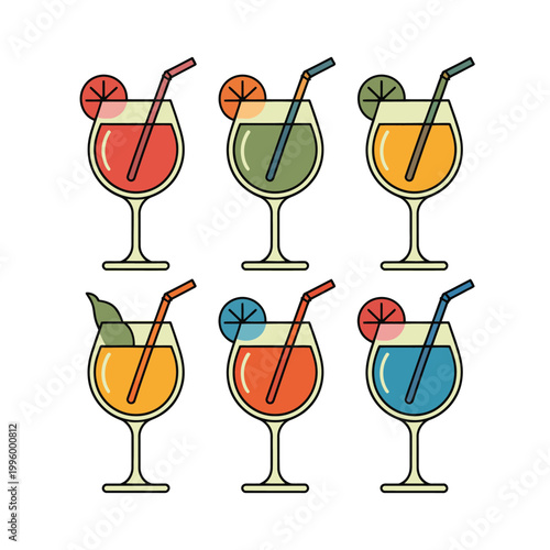 Colorful cocktails with straws and slices of citrus fruits in wine glasses on a plain background