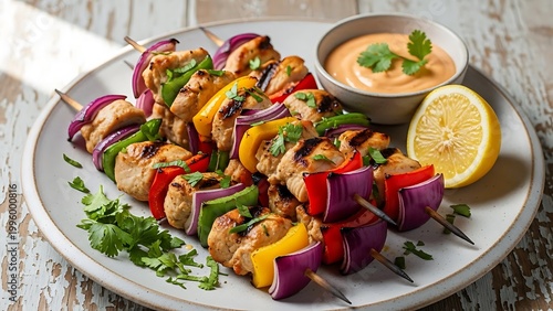Grilled Chicken and Vegetable Skewers with Lemon Sauce