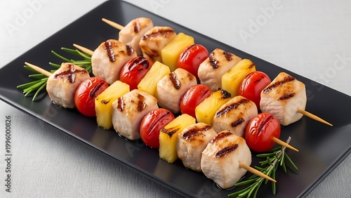 Grilled Chicken and Vegetable Skewers on a Black Plate