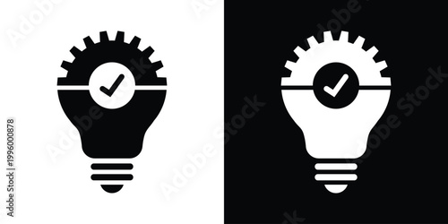 Icon featuring a light bulb, gear, and checkmark. Symbolizes tested innovation, successful technical solutions, verified development, and optimized creative processes. Vector graphic.