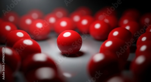 Red Marbles with White Dots on a Dark Surface Focus on One Marble.