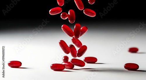 Vibrant red oval pills falling onto a bright white surface in a dramatic studio shot.