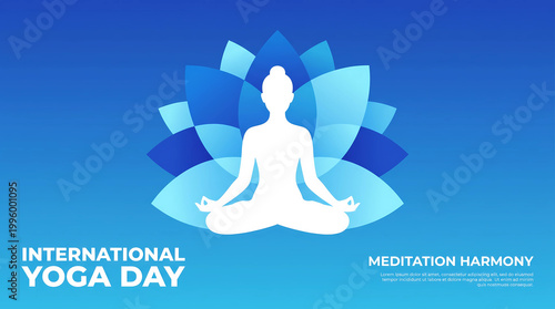 International yoga day meditation harmony celebrating global wellness and yoga unityImage is a digital illustration featuring a serene landscape with a person practicing yoga. The layout is centered a