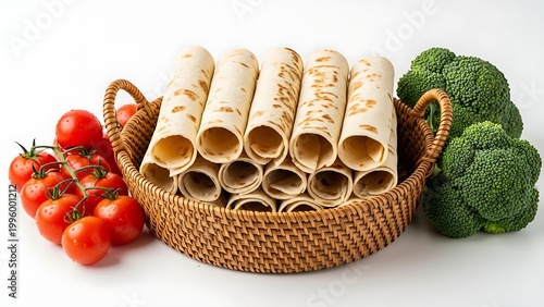 Woven basket with tortillas, tomatoes, and broccoli on white background