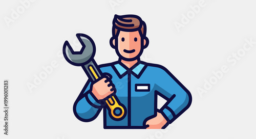 Professional Repairman Holding a Wrench, Illustration of a Skilled Mechanic in Uniform Ready for Work