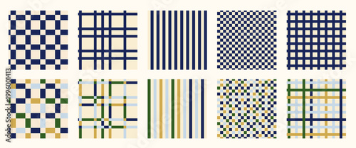 Summer holiday checkerboard and stripes seamless pattern collection. Blue, olive green and yellow sand color. Mediterranean design style background for cover, notebook, packaging.