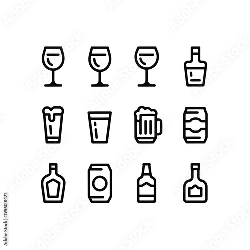 Various alcohol drinks icons including wine glasses and bottles on a white background