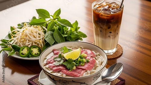 Delicious Vietnamese Beef Noodle Soup with Fresh Herbs and Iced Coffee