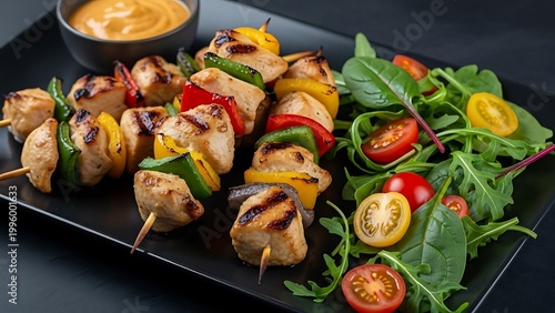 Grilled Chicken Skewers with Colorful Peppers and Fresh Salad