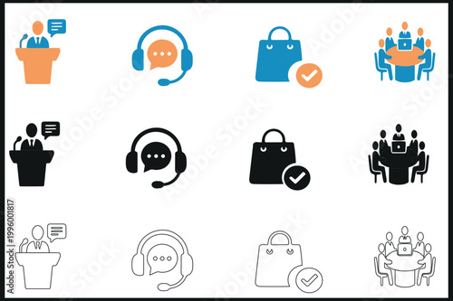Business Conference Vector Icons Pack - 12 Editable Stroke Outline Flat Glyphs for Presentations, Support, and Meetings