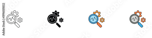 Data audit and verification icon set with magnifying glass and gears. Vector illustration of digital research, business analysis, and system optimization symbols.