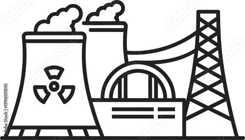 Nuclear power plant with cooling tower and chimney depicted in silhouette