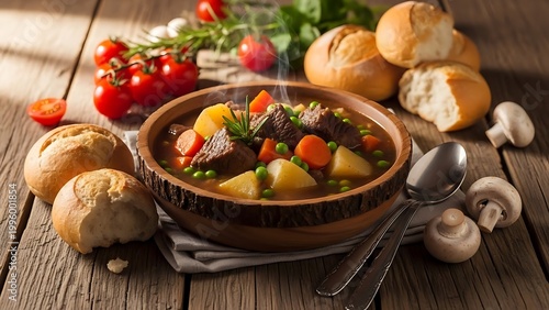Hearty stew with vegetables and bread on a wooden table