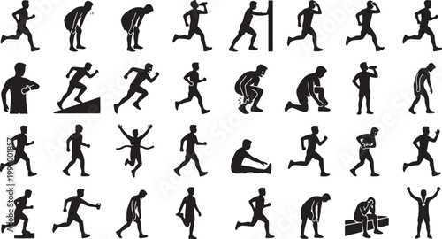 Marathon Runner Silhouette Icon Set - Male Long Distance Athlete Poses.