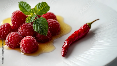 Fresh raspberries with red chili pepper on white plate in clean composition highlighting sweet spicy flavor contrast. Modern food concept for culinary branding advertising and gourmet visuals