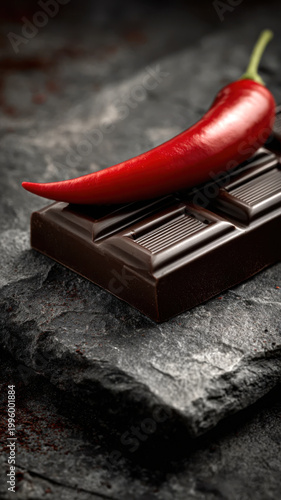 Red chili pepper on chocolate bar in dark textured setting representing bold sweet spicy pairing and luxury flavor contrast. Gourmet dessert concept for branding advertising and culinary visuals
