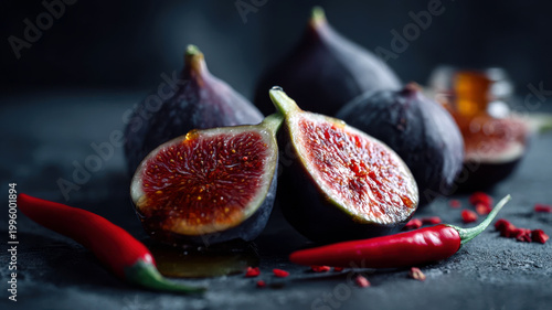 Fresh figs with red chili peppers in dark composition highlighting rich sweet spicy flavor contrast and gourmet mood. Premium fruit concept for culinary branding advertising and food visuals