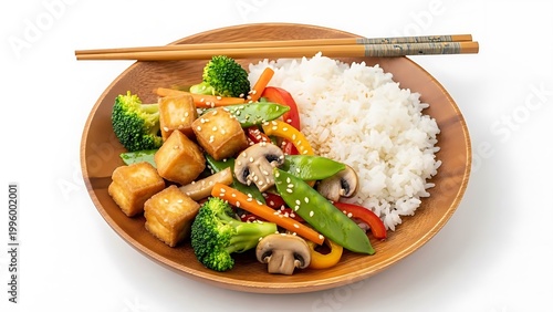 Delicious Asian style stir-fry with tofu and vegetables on wooden plate