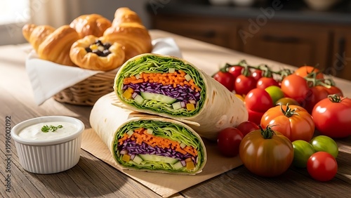 Veggie wrap with fresh tomatoes and dipping sauce on wooden table
