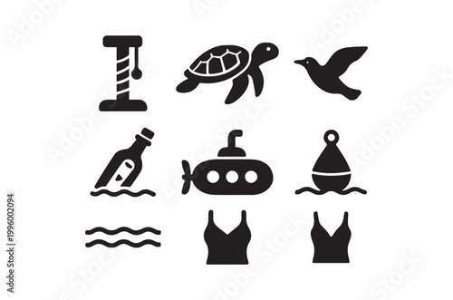Black silhouettes depicting various sea life vessels and diving equipment