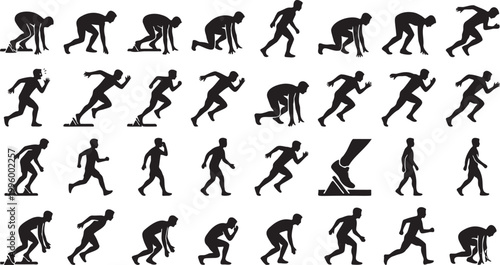 Sprint Start Silhouette Icon Sheet - Explosive Track & Field Athlete Poses.
