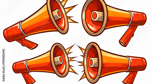 Four cartoon megaphones face each other with sound sparks