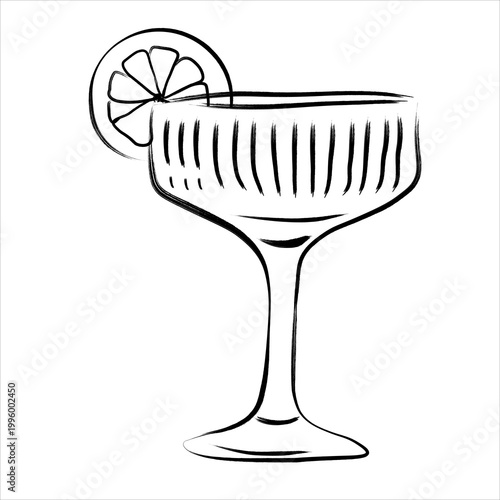Daiquiri cocktail with lime slice. Line art, retro for bars, cafes, and restaurants. hand-drawn doodle. Vector illustration. isolated on a white background.