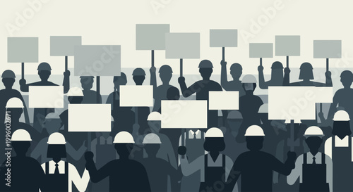 Illustration of a crowd of people protesting and holding blank signs for protest banners and banners