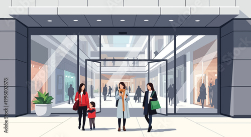 A brightly lit modern shopping mall entrance shows people entering and exiting the building