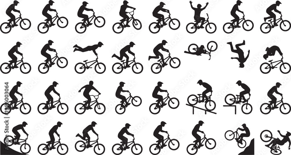 Fototapeta premium BMX Stunt Silhouette Icon Set - Freestyle Bike Trick & Stunt Variations.
