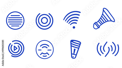 Collection of stylized, simple blue icons on a white background, including circles and curved lines