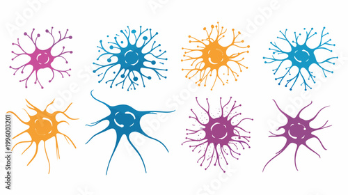 Colorful, abstract illustrations of neurons, showcasing their complex branching structures