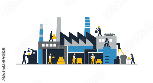 Modern industrial factory with workers engaged in production activities, showcasing manufacturing processes and industrial automation