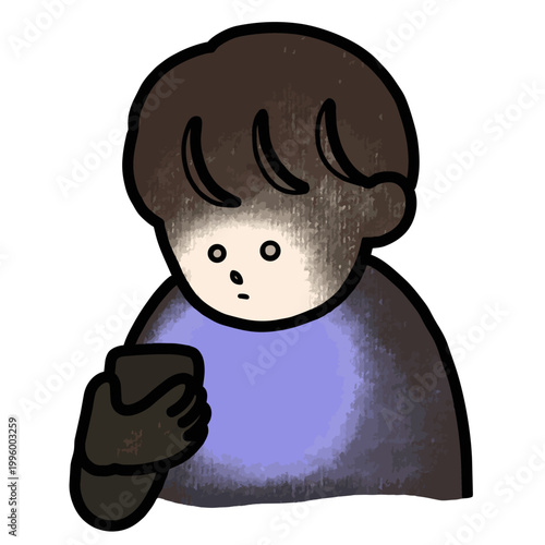 Cute hand-drawn person looking at smartphone illustration, phone addiction SNS fatigue blank expression character clipart on white background