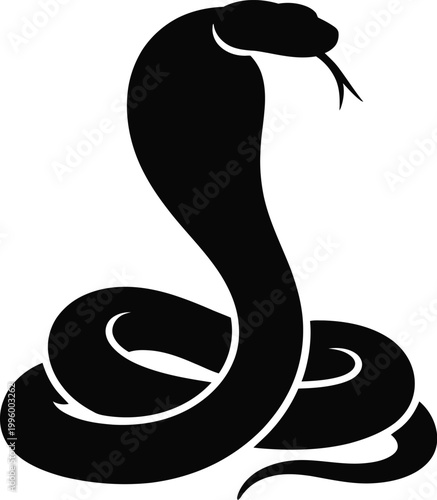 Black silhouette of a cobra in a defensive hooded pose, forked tongue extended, isolated on a white background, symbolizing power and threat