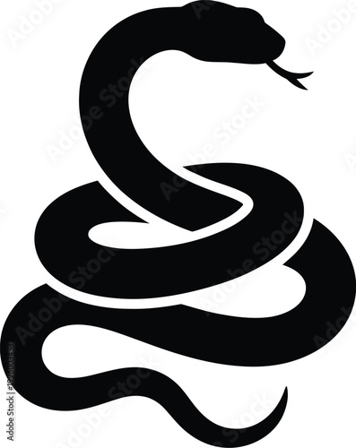 Black silhouette of a coiled serpent with forked tongue extended, representing danger and mysticism on a white background