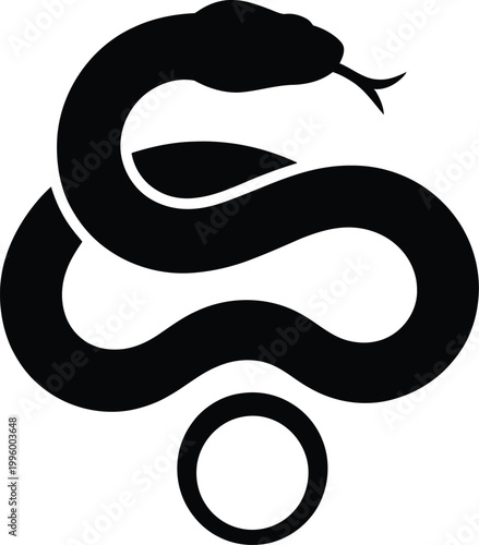 Black silhouette of a serpent coiled around a circular ring on a white background, evoking symbolism and mysticism