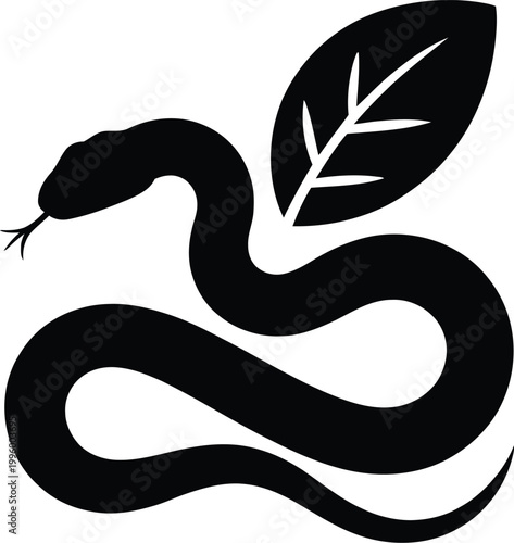 Black silhouette of a serpent with a leaf, symbolizing temptation, knowledge, or nature's duality, isolated on a white background