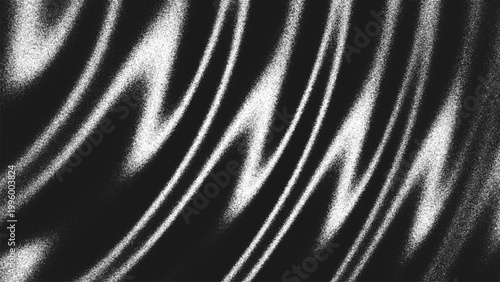 Grainy black and white background with flowing waves, glowing highlights and ripples created from thousands of individual dots. Dynamic motion illusion with soft gradient made from scattered particles