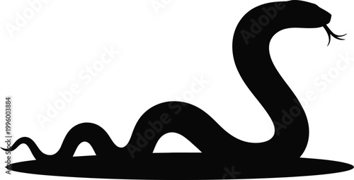 Black silhouette of a snake slithering on a flat surface, forked tongue extended, isolated on a white background, representing movement and reptilian form