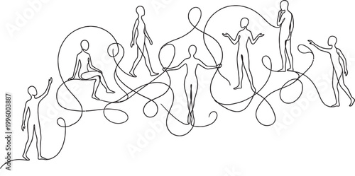 Abstract continuous line drawing of diverse people in various poses connected by swirling lines representing relationships or thoughts