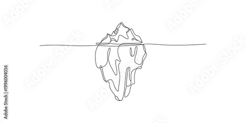 A line drawing of an iceberg floating in water with most of its mass below the surface isolated on white background