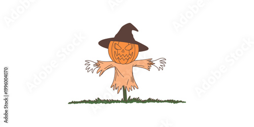 A cartoon scarecrow with a jackolantern head wearing a brown witch hat on green grass isolated on white background