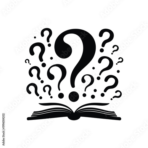 An open book releasing a burst of black question marks into the air