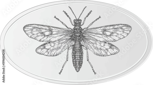 Insect in monochrome, detailed wings, displayed in an oval frame